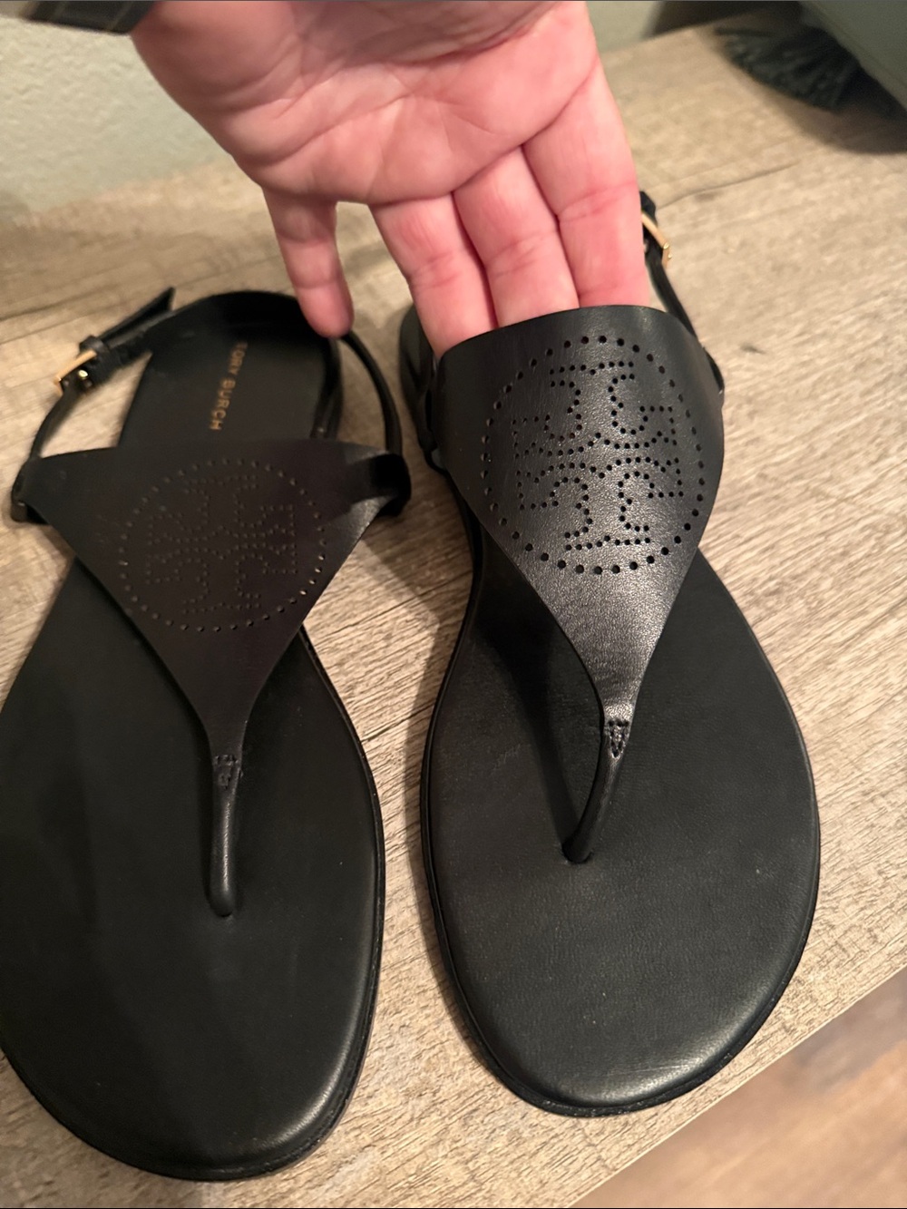 Tory Burch Black Perforated Logo Leather Thong Sandals